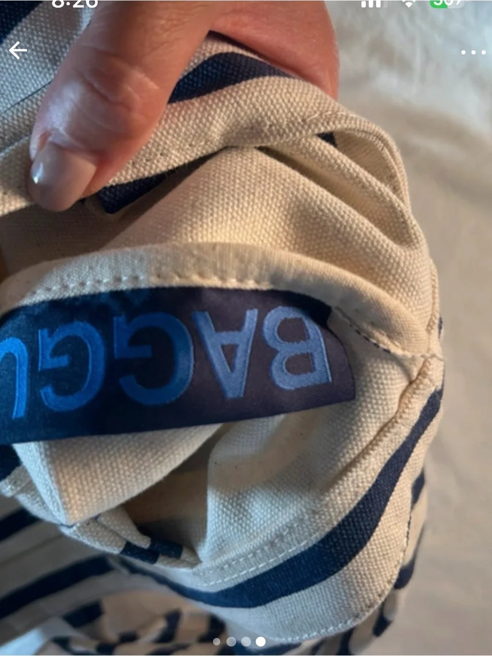 BAGGU Navy and White Striped Canvas Hobo Tote